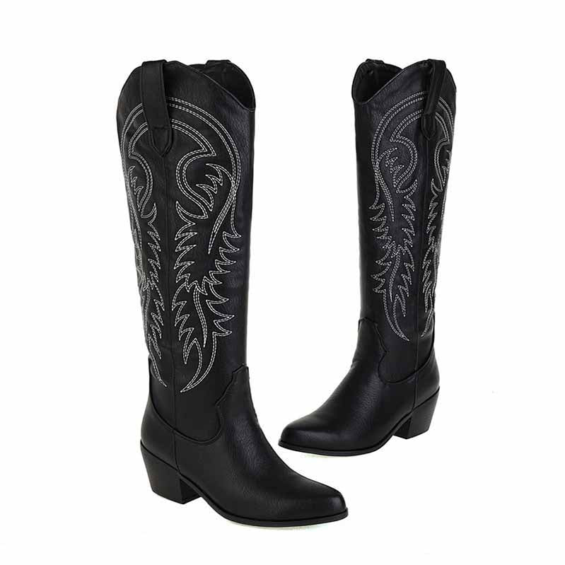 Embroidered knee high boots for women with stylish detailing and a comfortable fit in black