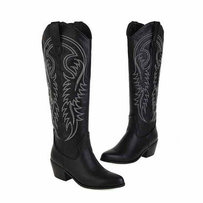 Embroidered knee high boots for women with stylish detailing and a comfortable fit in black