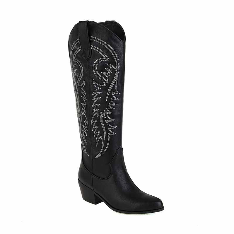Embroidered knee high boots for women in black with stylish design and comfortable heel
