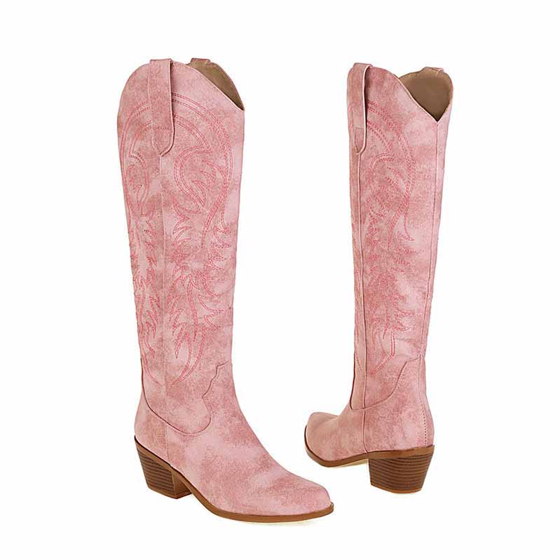 Pink embroidered knee high boots for women with stylish western design and a comfortable heel
