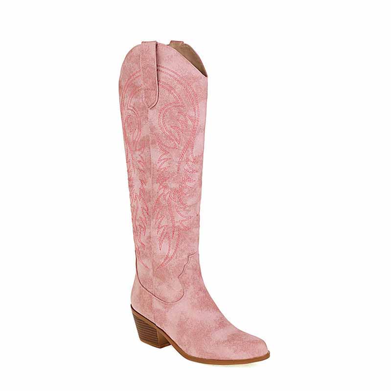 Stylish embroidered knee high boots for women in pink with a textured design and a comfortable heel