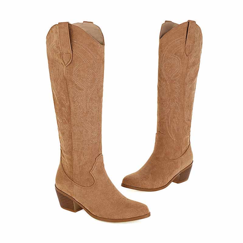 Tan suede embroidered knee high boots for women with stylish stitching and low heel