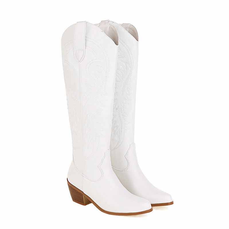 White embroidered knee high boots for women with intricate floral detailing and a stylish block heel