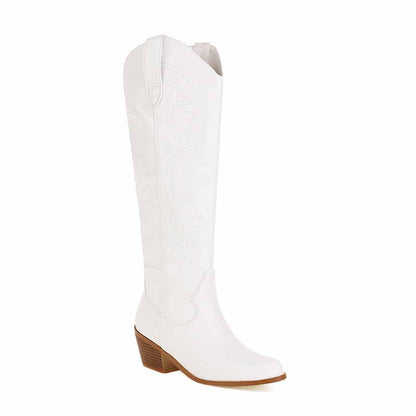 Stylish white embroidered knee high boots for women with a classic western design
