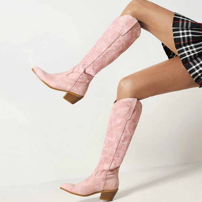 Pink embroidered square heel cowboy boots with a stylish and modern design for a trendy look
