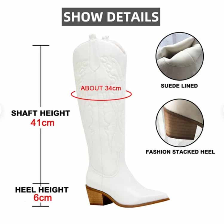 White embroidered square heel cowboy boots with a 41cm shaft and 6cm stacked heel for stylish western wear