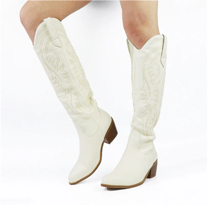 Stylish embroidered square heel cowboy boots in white with intricate detailing for a trendy look