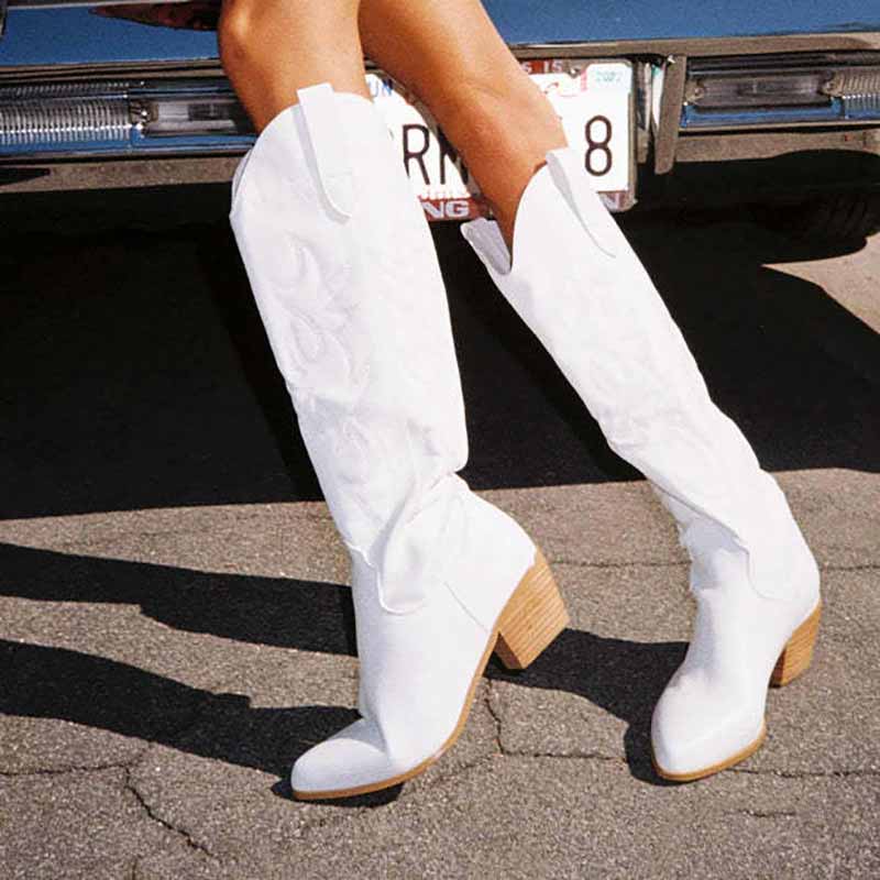 Stylish white embroidered square heel cowboy boots for a trendy western look