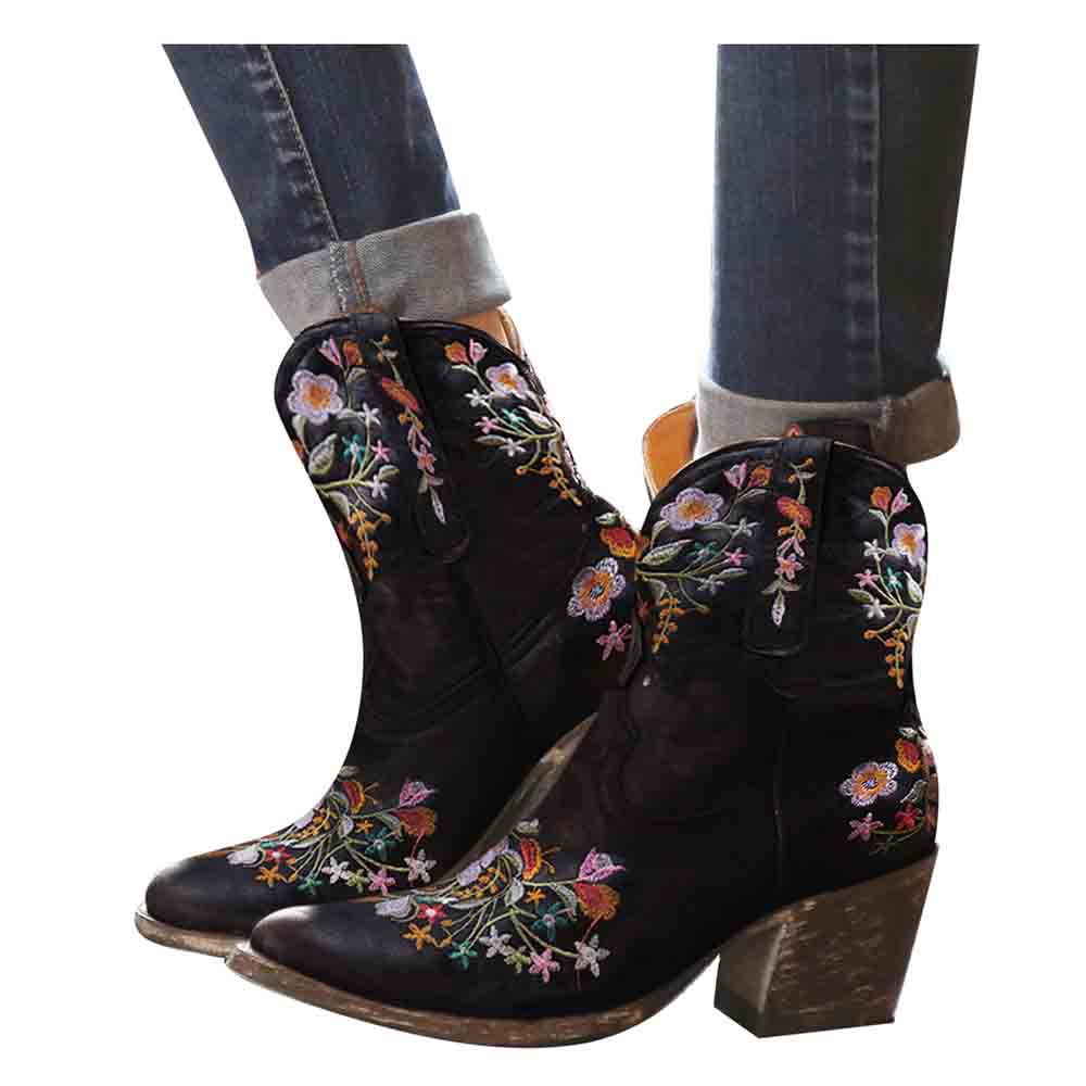 Embroidered western ankle boots for women with colorful floral designs and a stylish heel