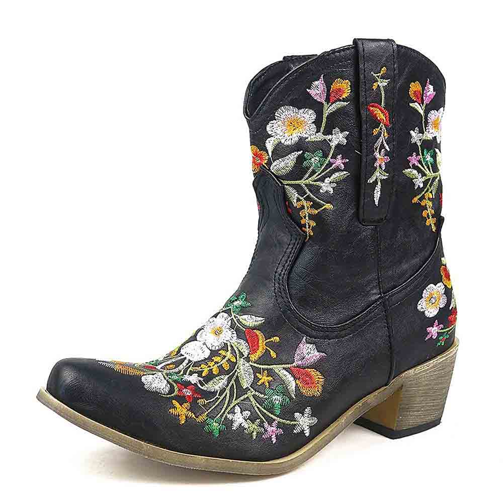 SD-HK embroidered western ankle boots for women featuring colorful floral designs and a block heel