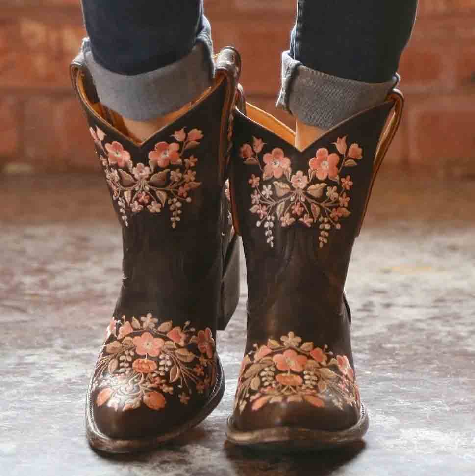 SD-HK embroidered western ankle boots for women featuring floral designs and a stylish finish