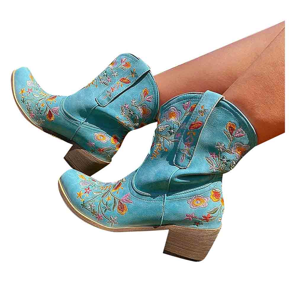 SD-HK embroidered western ankle boots for women in turquoise with colorful floral designs