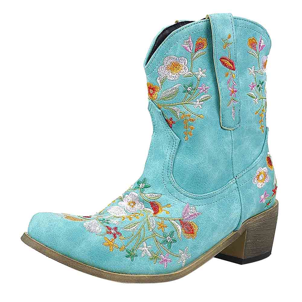 Embroidered western ankle boots for women in turquoise with colorful floral designs