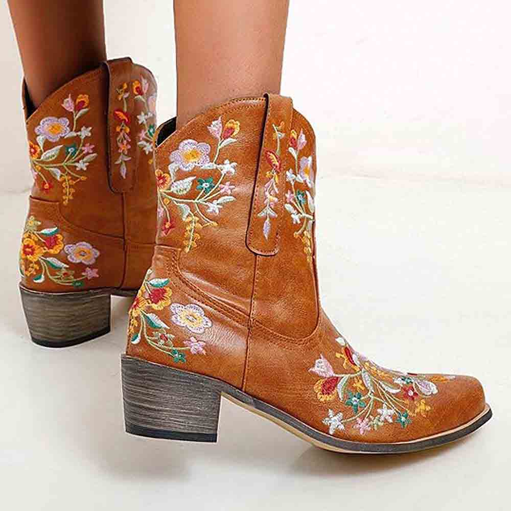 SD-HK embroidered western ankle boots for women in brown with colorful floral designs and block heels