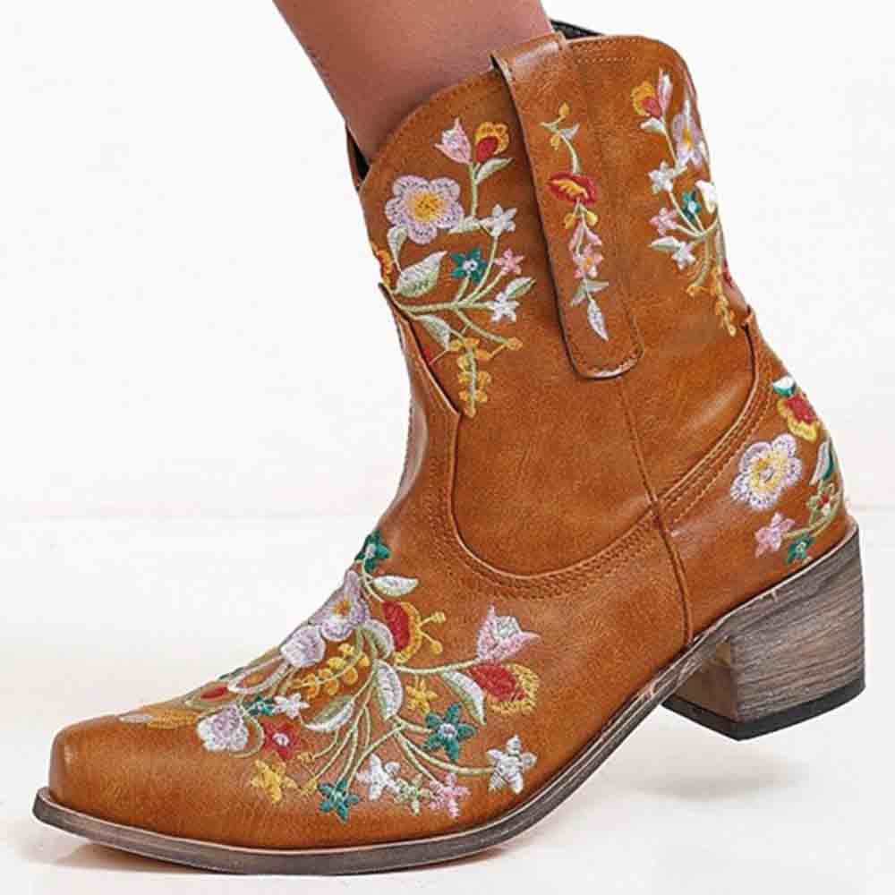 Embroidered western ankle boots for women in brown with colorful floral designs and a stylish wood heel