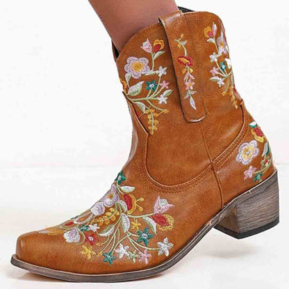 Embroidered western ankle boots for women in brown with colorful floral designs and a stylish wood heel