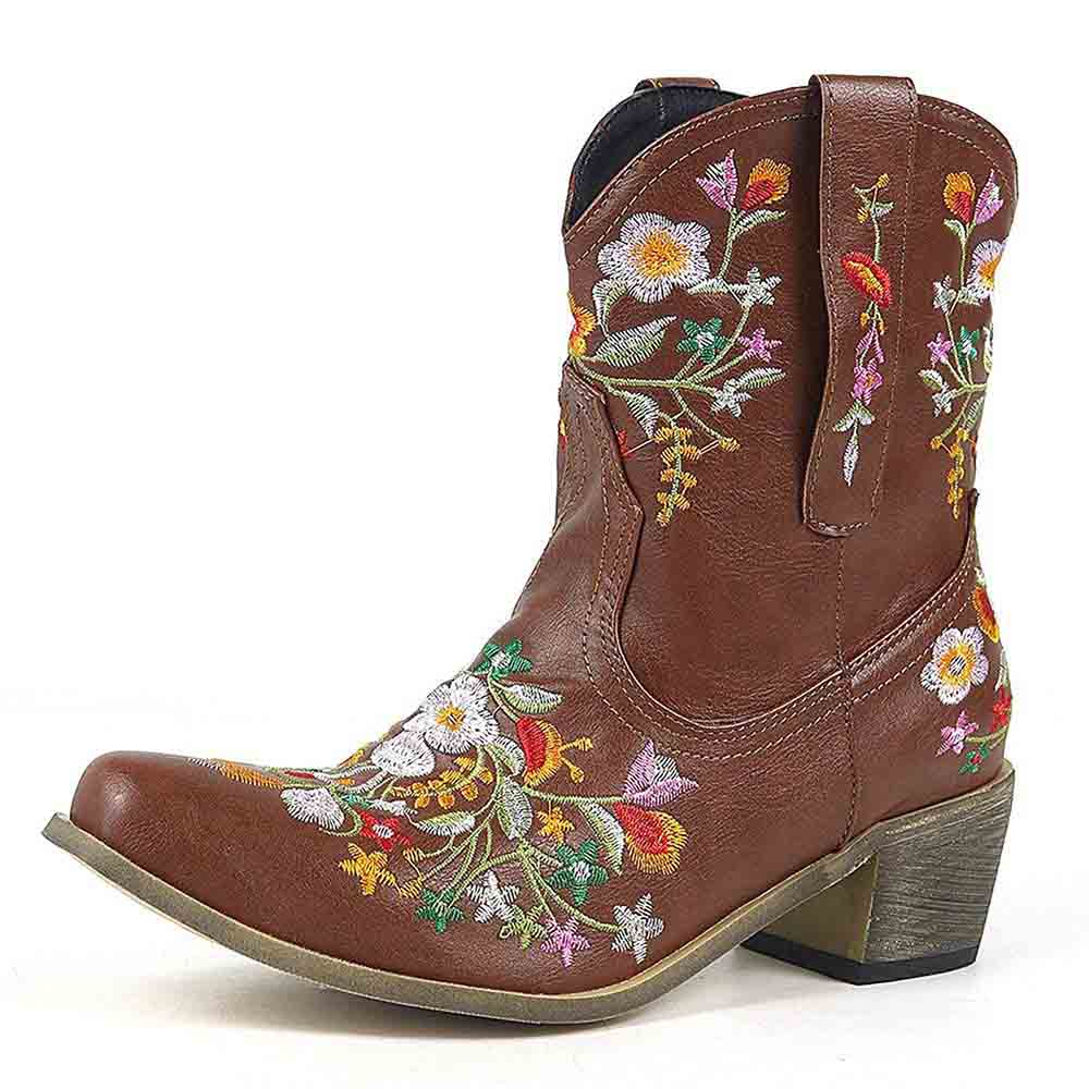 SD-HK embroidered western ankle boots for women featuring colorful floral designs and a stylish heel