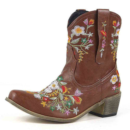 SD-HK embroidered western ankle boots for women featuring colorful floral designs and a stylish heel