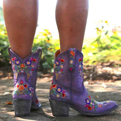 SD-HK embroidered western ankle boots for women in purple with vibrant floral designs