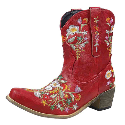 Red embroidered western ankle boots for women with floral designs and a low heel