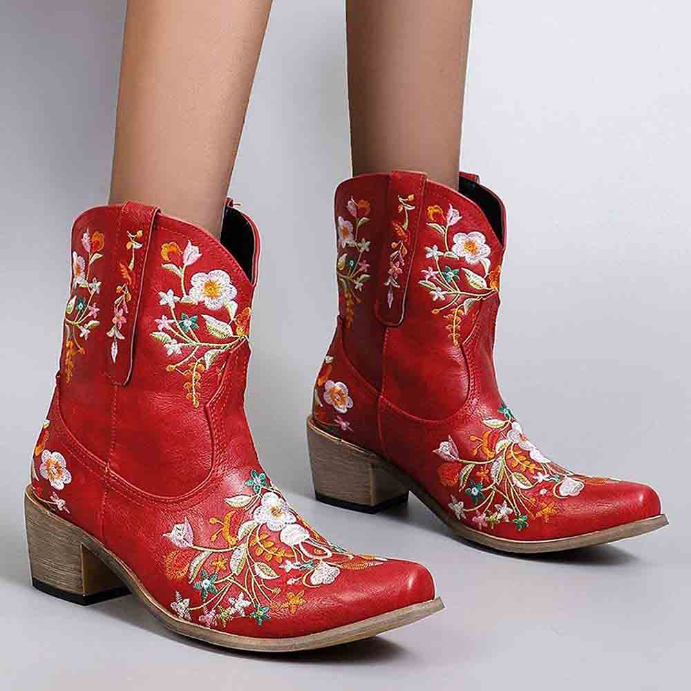 Red embroidered western ankle boots for women with floral designs and a chunky heel
