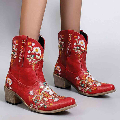 Red embroidered western ankle boots for women with floral designs and a chunky heel