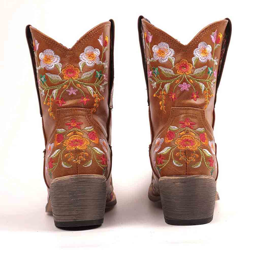 Embroidered western ankle boots for women with floral designs and a stacked heel