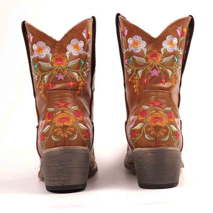 Embroidered western ankle boots for women with floral designs and a stacked heel