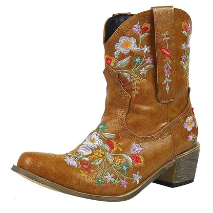 SD-HK embroidered western ankle boots for women with colorful floral designs and a stylish heel