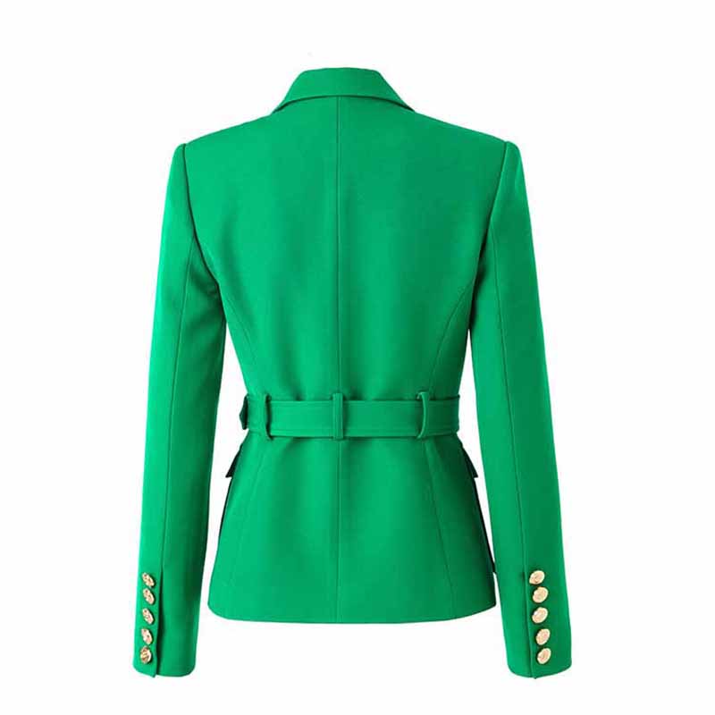 Back view of an emerald green blazer for women featuring a belted waist and stylish buttons