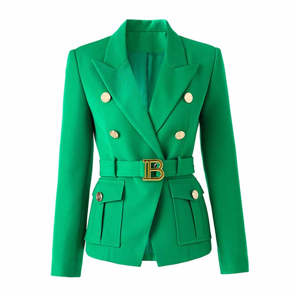 Emerald green blazer for women with double-breasted design and stylish belt detail
