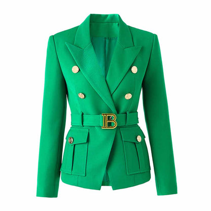 Emerald green blazer for women with double-breasted design and stylish belt detail
