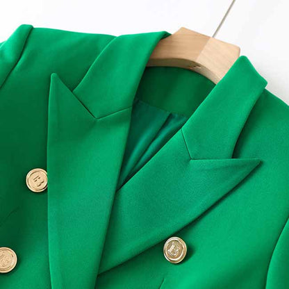 Elegant emerald green blazer for women with gold buttons and a tailored fit