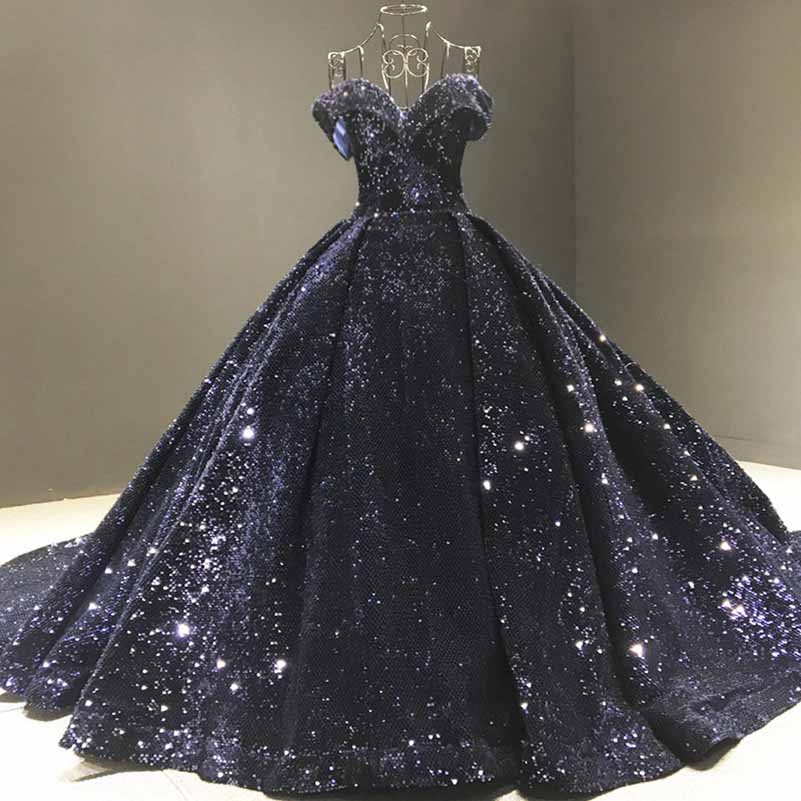 Elegant metallic ruffle sweep trail evening gown in navy blue with sparkling details for formal events