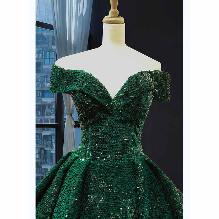 Elegant metallic ruffle sweep trail evening gown in green with off-shoulder design for formal events