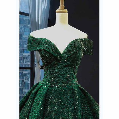 Elegant metallic ruffle sweep trail evening gown in green with off-shoulder design for formal events