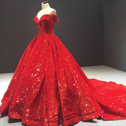 Red metallic ruffle sweep trail evening gown with off-shoulder design and sparkling sequins