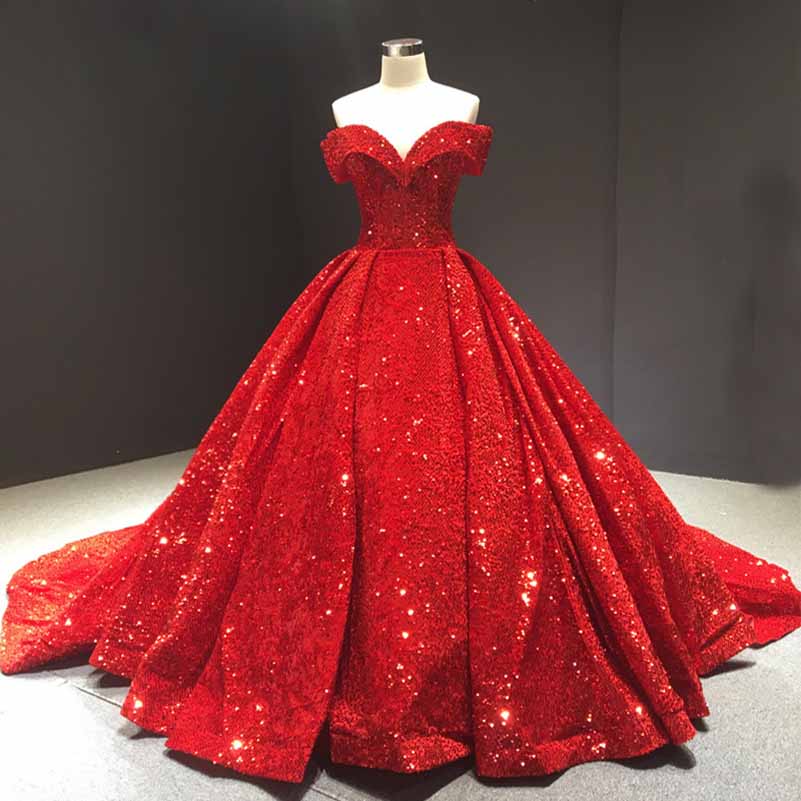 Stunning red metallic ruffle sweep trail evening gown with off-the-shoulder design and sparkling sequins