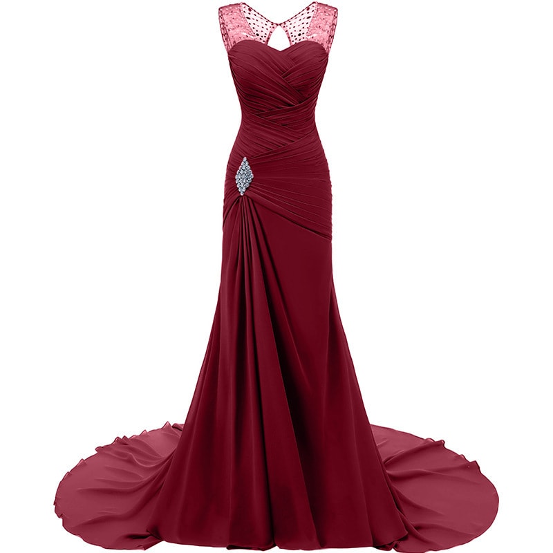 Elegant burgundy maxi dress with lace details, ideal evening long dresses for weddings