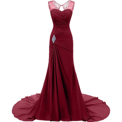 Elegant burgundy maxi dress with lace details, ideal evening long dresses for weddings