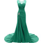 Elegant green evening long dresses for weddings with a fitted bodice and flowy train