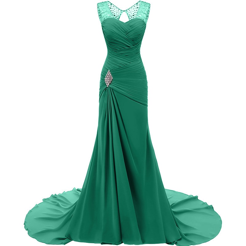 Elegant green evening long dresses for weddings with a fitted bodice and flowy train