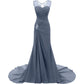 Elegant sd-hk evening long dresses for weddings with lace details and a flowing train in gray