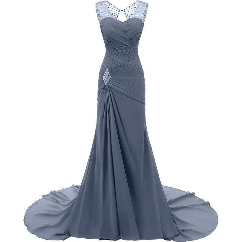 Elegant sd-hk evening long dresses for weddings with lace details and a flowing train in gray