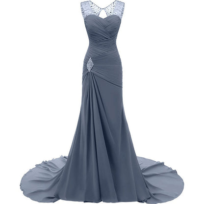 Elegant sd-hk evening long dresses for weddings with lace details and a flowing train in gray