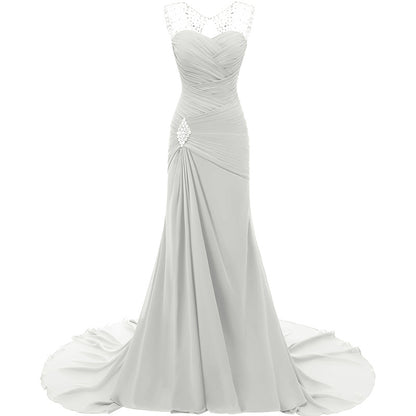 Elegant gray maxi dress with beaded straps and a flowing train, perfect for evening long dresses for weddings