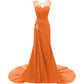 Orange evening long dresses for weddings with elegant lace straps and a flowing train