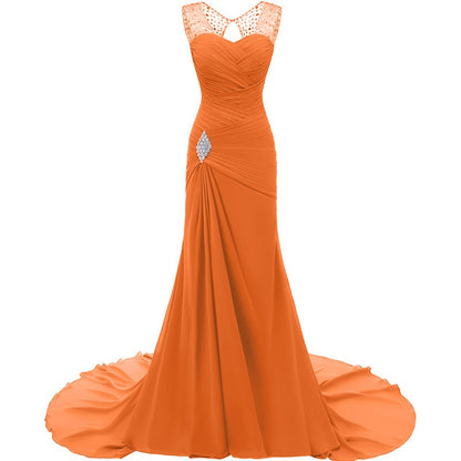 Orange evening long dresses for weddings with elegant lace straps and a flowing train
