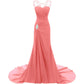 Elegant coral maxi dress with lace detail and crystal accent, perfect as evening long dresses for weddings