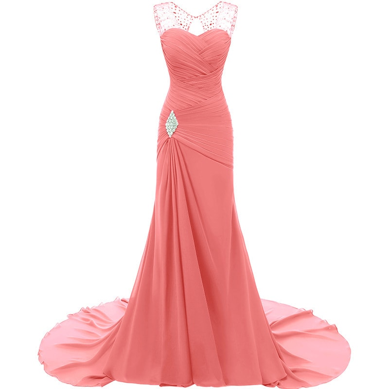 Elegant coral maxi dress with lace detail and crystal accent, perfect as evening long dresses for weddings